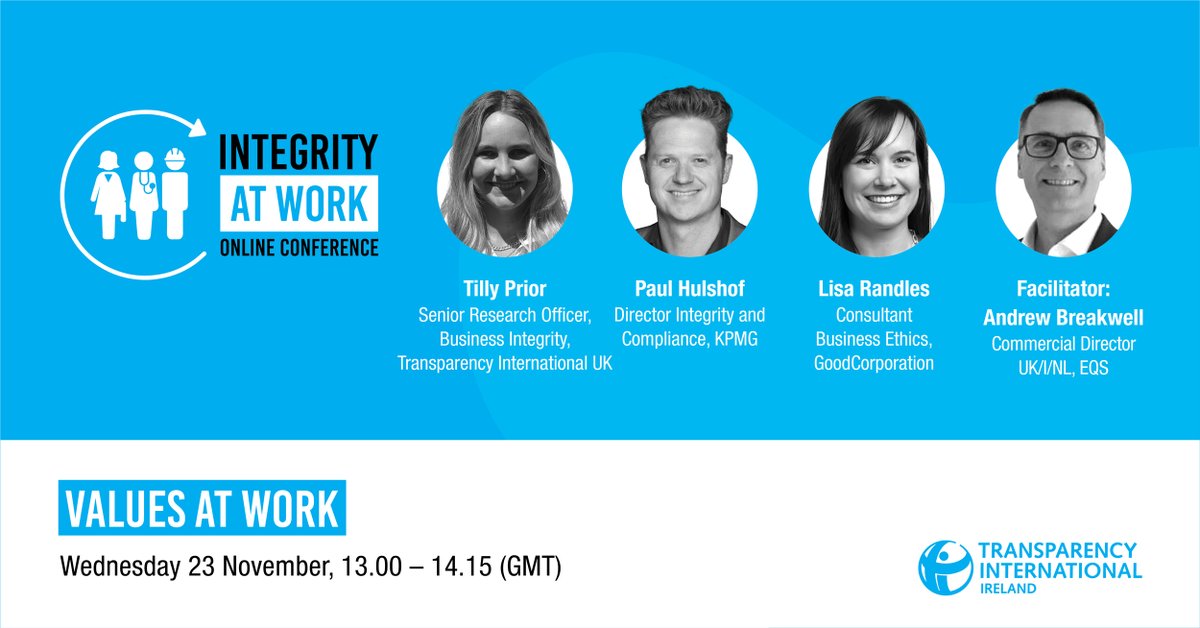 TransparencyUK's tweet photo. We’re looking forward to speaking at the @Integrity_ie #IAWConference today.

Tilly Prior from our Business Integrity team will join an expert panel to explore the need for companies to move beyond purely rules-based #compliance to curb illegal or unethical behaviour. https://t.co/TgwslRIou4