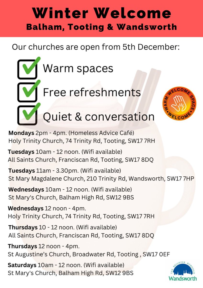 Five #Tooting &amp; #Balham churches have launched their Winter Welcome project to provide warm and welcoming drop-in sessions from Monday 5th December 2022 to Thursday 30th March 2023. They're also looking for volunteers to help out (see below).
(1/3)