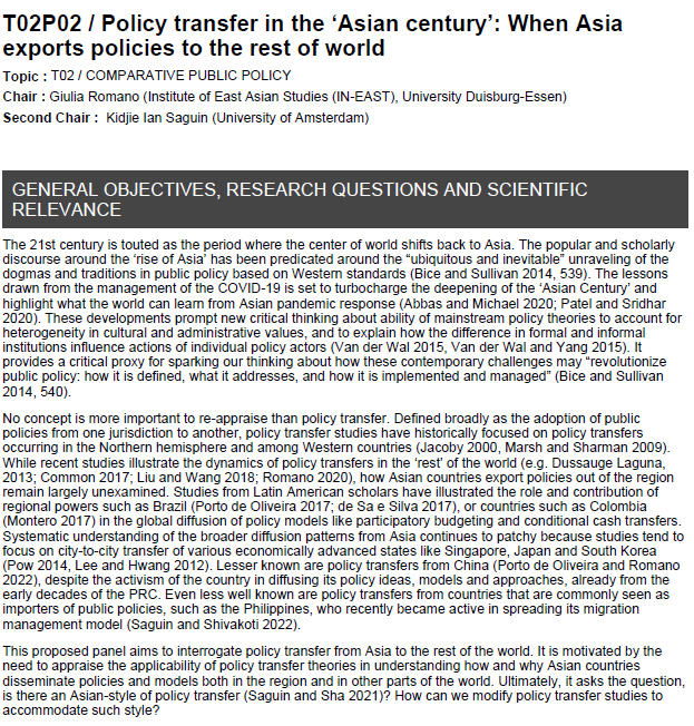 CALL FOR PAPERS 📢

We are organizing a panel at #ICPP6 on 'Policy Transfer in the 'Asian Century': When Asia exports policies to the rest of the world'. Deadline: 31 Jan

To submit or for more info 👇
ippapublicpolicy.org/conference/icp…