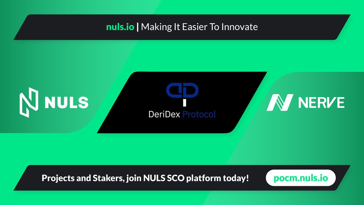 Nuls's tweet photo. We are pleased to share that @_DeridexP will be joining the SCO platform soon👏
#DeriDex is a decentralized derivatives protocol that supports derivatives trading, cross collateral, swapping, and more
#NULS #POCM #DeFi #DERI https://t.co/T7D78c9GcG