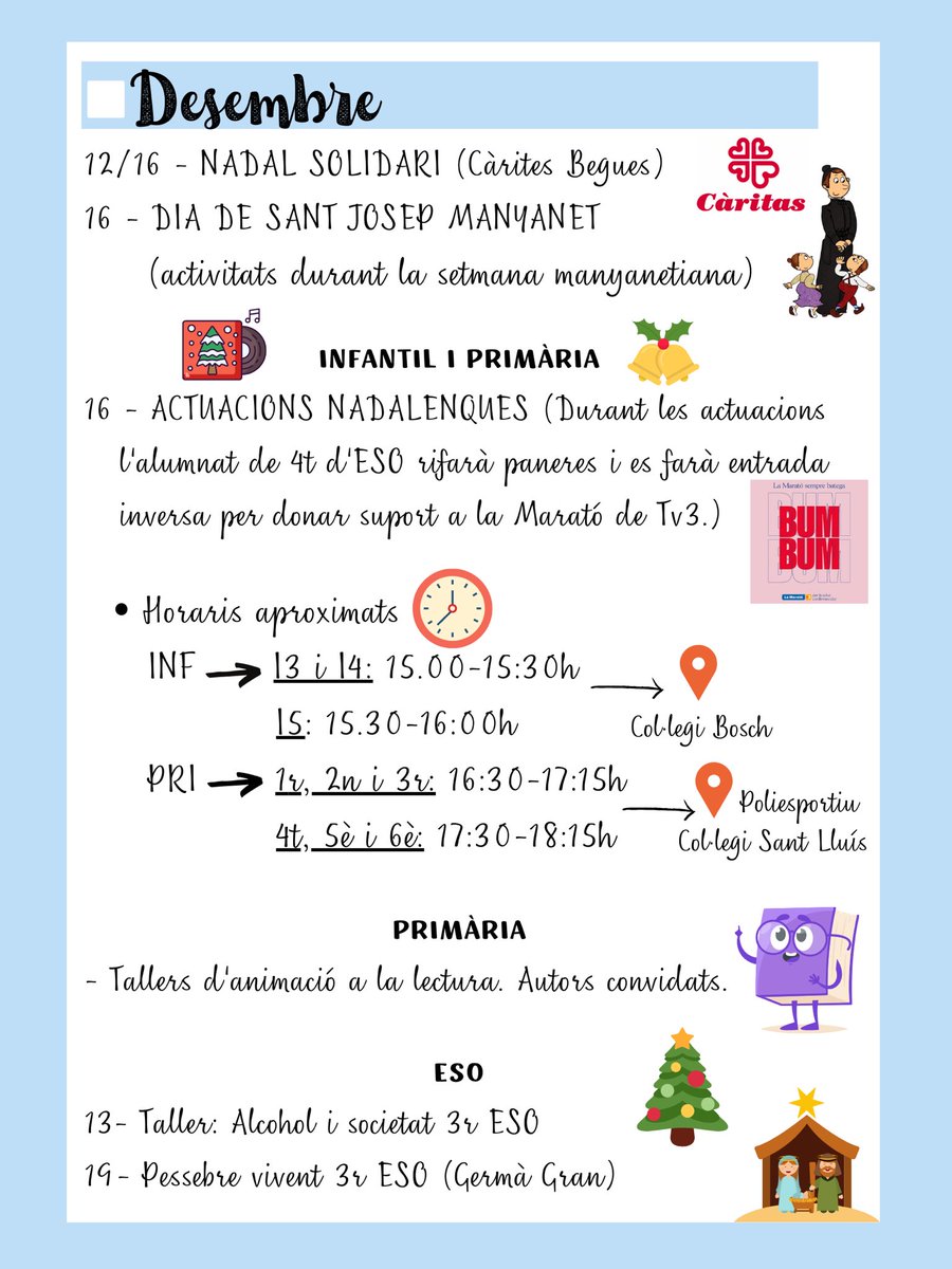 manyanetbegues's tweet photo. Resum de les activitats dels mesos de novembre i desembre a l’escola.
#josocmanyanet #juntsarribemmeslluny @ajbegues @educadiba @FunbrainBcn @CaritasCataluny @SANTILLANA_es #SC22CAT #20N #25N @la_marato @EUErasmusPlus https://t.co/TdEsaiclZs