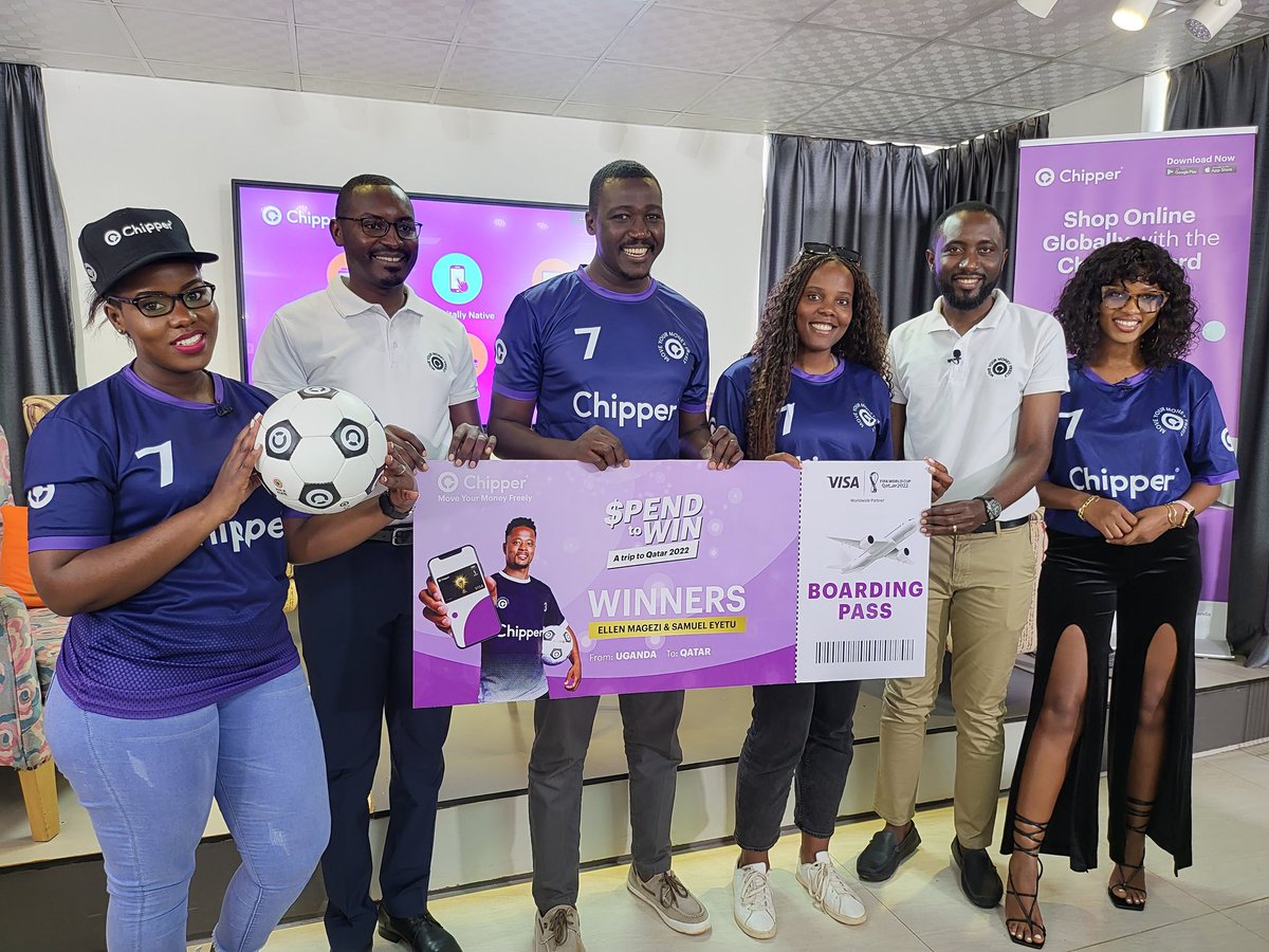 fsnakazibwe's tweet photo. Congratulations to Ellen and Samuel, the winners of the #SpendtoWin campaign. They get to go Qatar to watch the #FIFAWorldCup live.

They purchased using the #Chippercard and entered the draw. 

Kati mugenda kukolima ate nga twabagamba to claim your card. https://t.co/ZfckuIANly