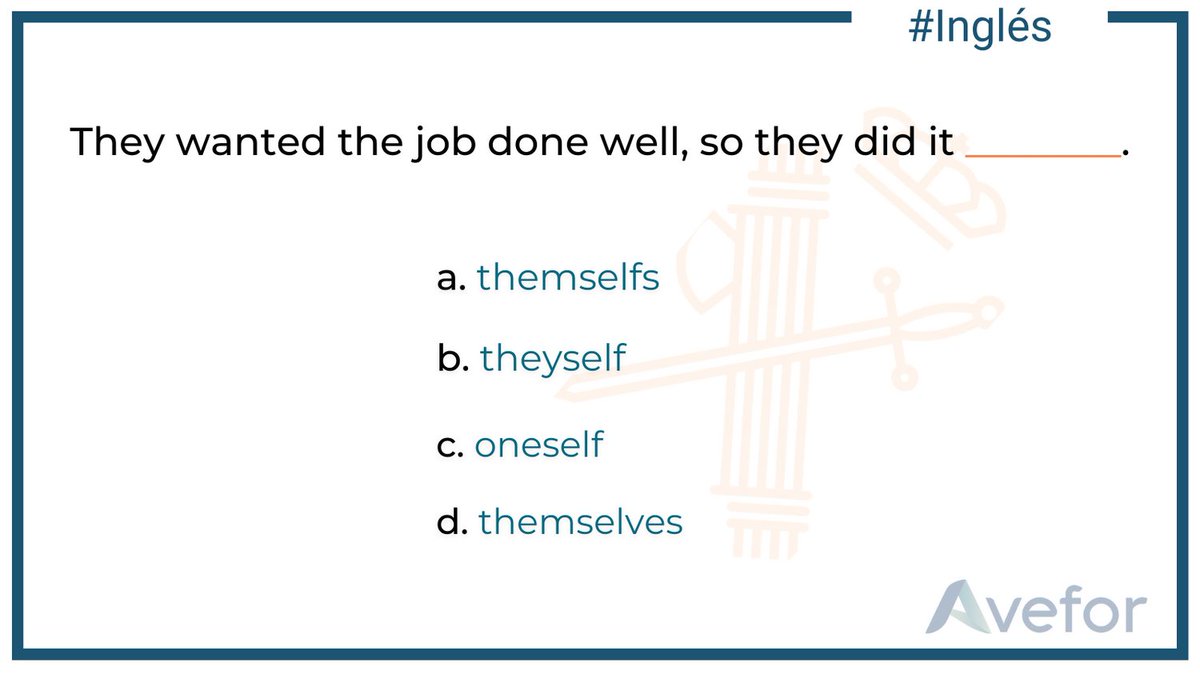 AveforFormacion's tweet photo. Miércoles de #Inglés para Ingreso, ascenso a Cabo y a Suboficial de la Guardia Civil con el #MétodoAVEFOR.
¿Sabes la respuesta correcta? 🤔
#AVEFORFormación #La129 #IngresoGC23 #AscensoCabo23 #AscensoSuboficial23 https://t.co/9sNuLicBVW