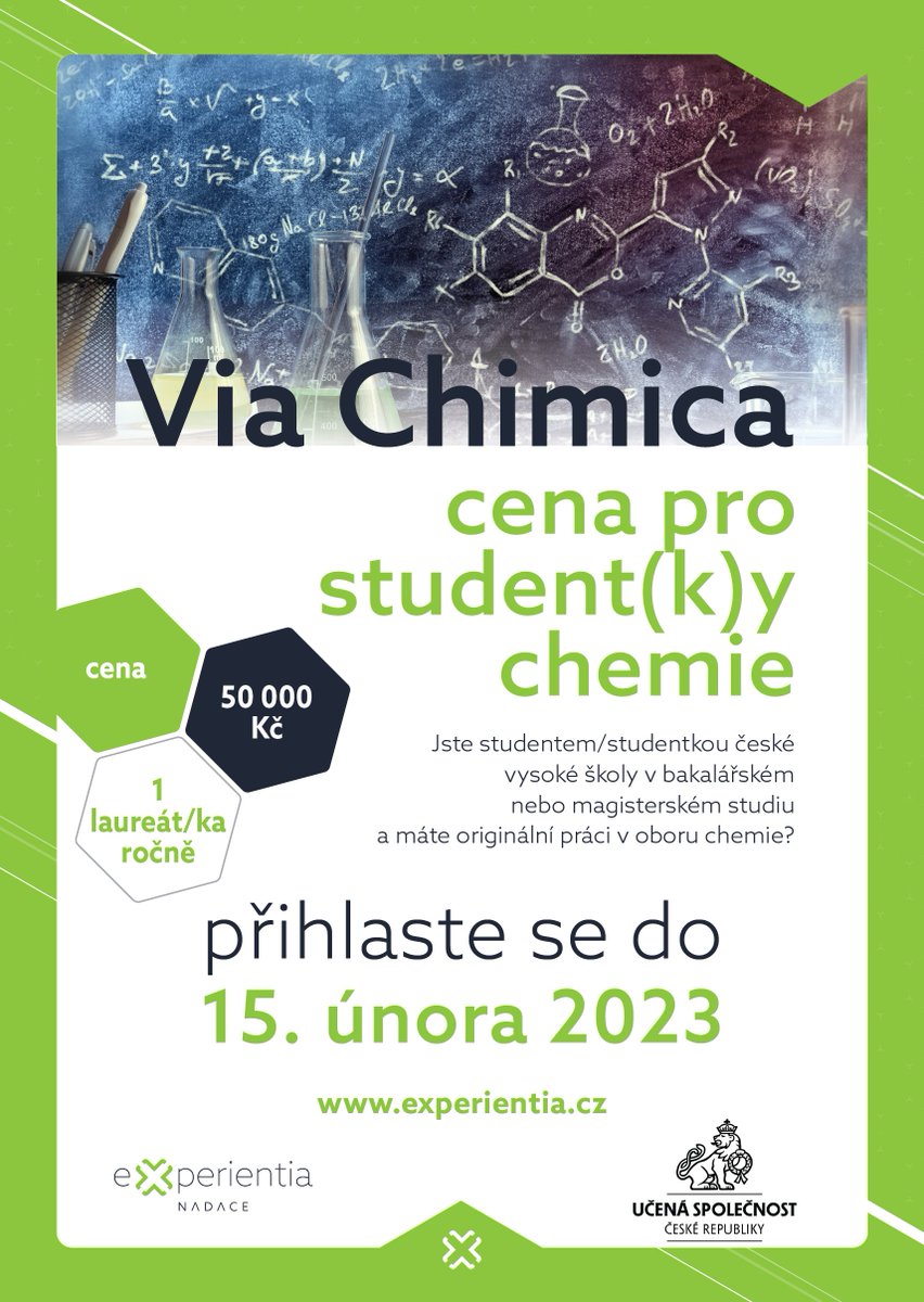 Nadace Experientia (@experientiacz) on Twitter photo Za objevem, který změní svět, může stát i VŠ student/ka👨🎓 Spouštíme 2. ročník ceny Via Chimica pro mladé chemické talenty. Přihlaste svou studentskou práci do 15. 2. 2023! Cenu 50 000 Kč uděluje <a href="/experientiacz/">Nadace Experientia</a> a <a href="/ucena_spol/">Učená společnost ČR</a> experientia.cz/via-chimica/ Za objevem, který změní svět, může stát i VŠ student/ka👨🎓 Spouštíme 2. ročník ceny Via Chimica pro mladé chemické talenty. Přihlaste svou studentskou práci do 15. 2. 2023! Cenu 50 000 Kč uděluje <a href="/experientiacz/">Nadace Experientia</a> a <a href="/ucena_spol/">Učená společnost ČR</a> experientia.cz/via-chimica/