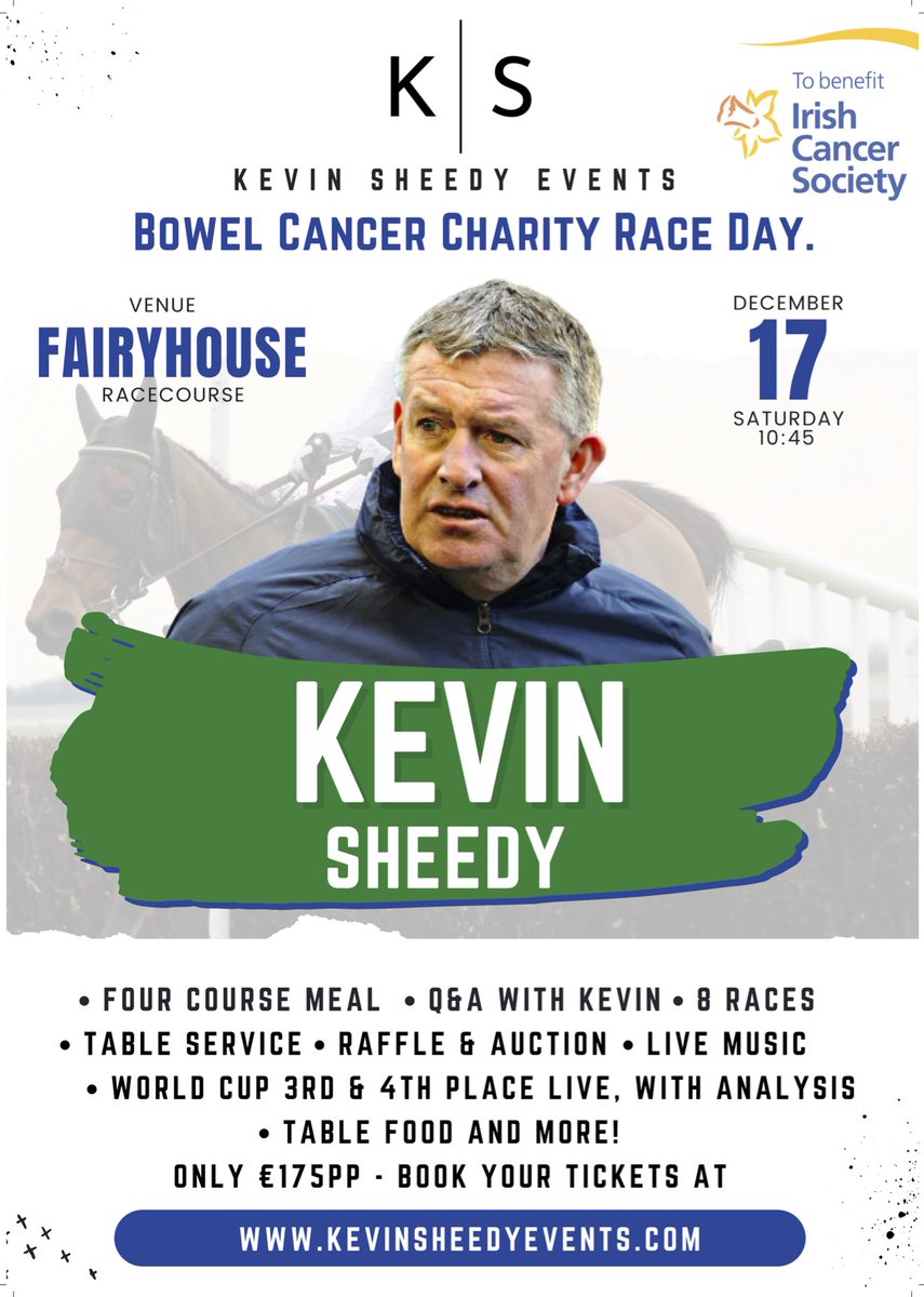 The countdown has officially begun - there's less than a month to go until the 'Kevin Sheedy Bowel Cancer Charity Race Day' @Fairyhouse @IrishCancerSoc. You can book tickets via the website (See Bio), please also help by retweeting. Thanks Kev. #charityevent