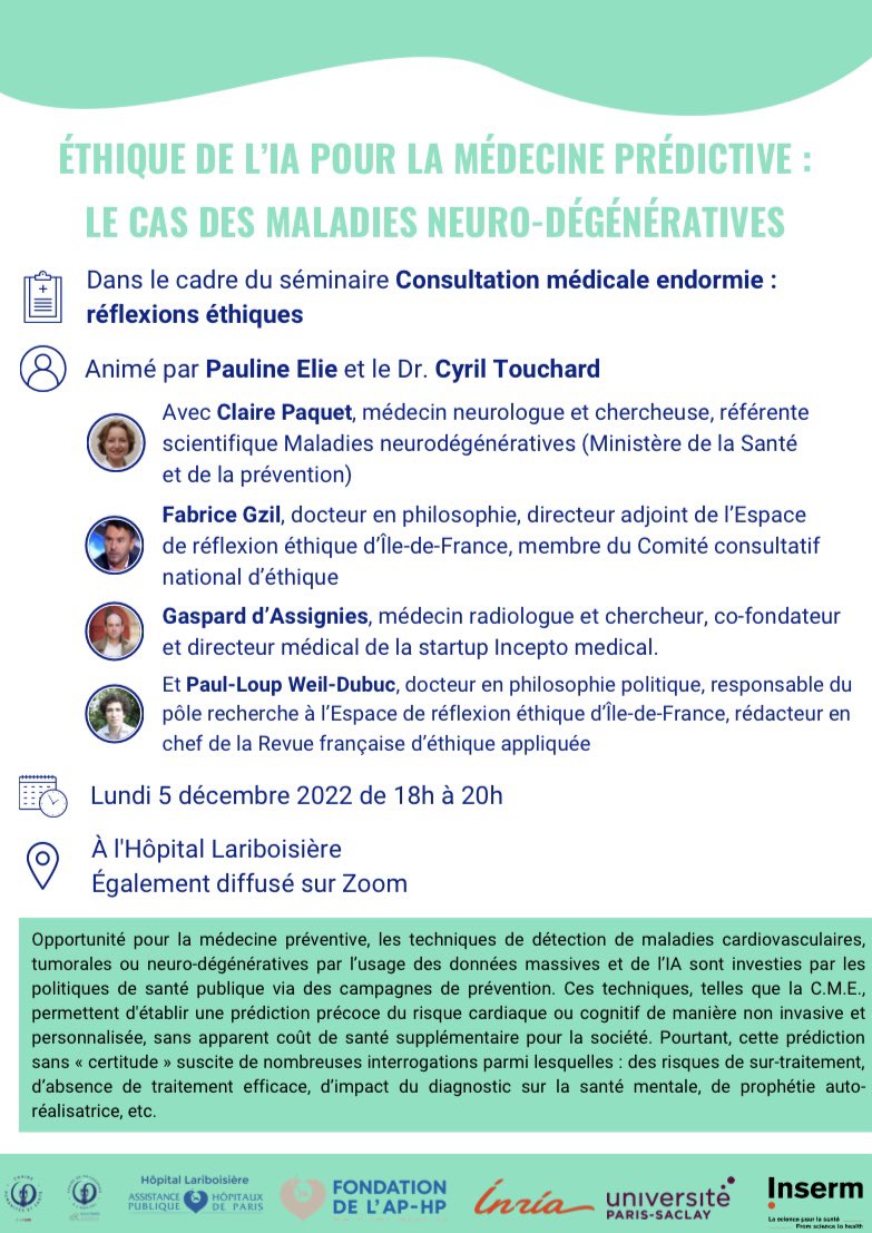 Cyril Touchard (@cyriltrd) on Twitter photo Les données massives au service des maladies neurodégénératives…
Prédire pour le meilleur et pour le pire ?
RDV pour en parler lundi 5 décembre à l’<a href="/HopLariboisiere/">Hôpital Lariboisière - Fernand-Widal AP-HP</a> grâce à <a href="/hospiphilo/">Chaire de Philosophie à l'Hôpital</a> ! Les données massives au service des maladies neurodégénératives…
Prédire pour le meilleur et pour le pire ?
RDV pour en parler lundi 5 décembre à l’<a href="/HopLariboisiere/">Hôpital Lariboisière - Fernand-Widal AP-HP</a> grâce à <a href="/hospiphilo/">Chaire de Philosophie à l'Hôpital</a> !