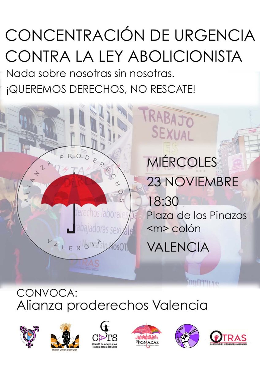 aprocav's tweet photo. Ens veiem aquesta vesprada en Plaça dels Pinazos, metro Colón.
Un feminisme que exclou a les treballadores sexuals no és el nostre feminisme.
Contra la criminalització i precarietat que ens volen imposar el govern espanyol i la Generalitat Valenciana. https://t.co/x0Um6N3PLK