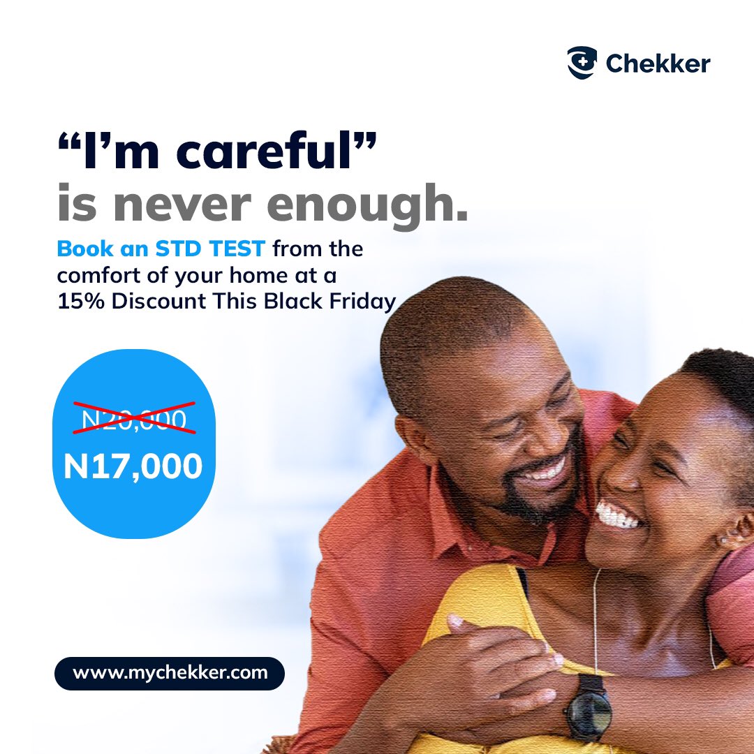 Mychekker's tweet photo. Book an STD test from the comfort of your home for as low as ₦17,000 this BLACK FRIDAY, November 25th!
Book here : https://t.co/NclpGnWMxW
#BookATestWithChekker #BlackFriday https://t.co/qYXjHNPHCX