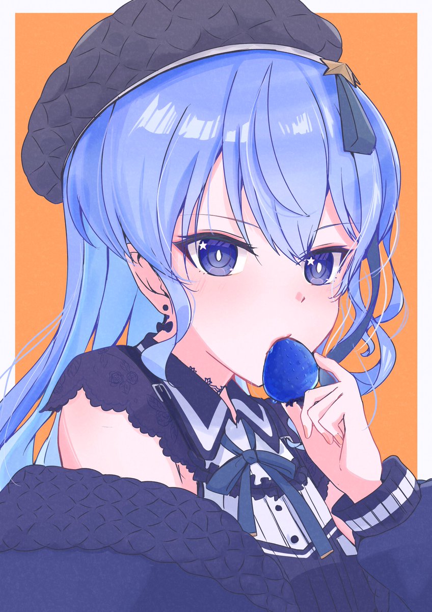 hoshimachi suisei 1girl solo blue hair blue eyes hat food fruit  illustration images