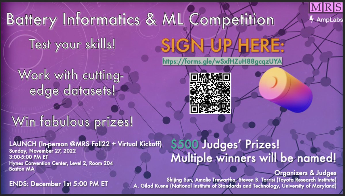 #F22MRS We are running a Battery Informatics & ML Competition at MRS Tutorial DS00 - join our kickoff session this Sunday on 27th (details below) if you are interested in applying machine learning skills to a practical materials science & energy challenge!