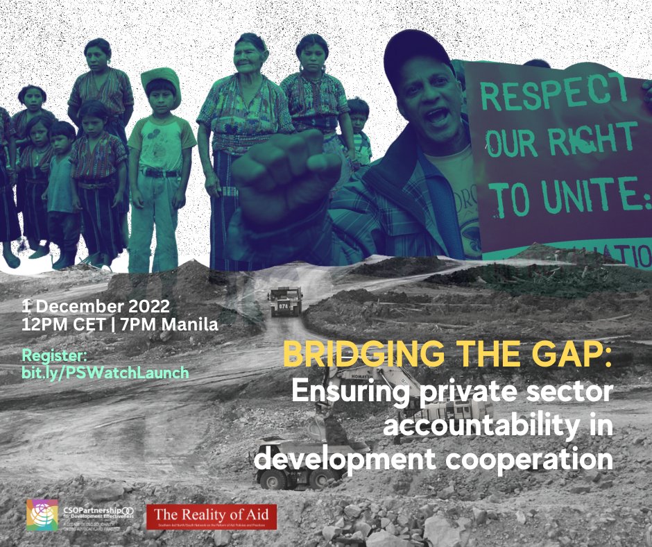 CSOPartnership_'s tweet image. 📢SAVE THE DATE! Dec1, 12PM CET
👀CPDE &amp;amp; @realityofaid will hold the launch event of the #PrivateSectorWatch Global Synthesis Report and Online Hub. 
➡️ow.ly/tk1A50LLHfA
✍️Register: ow.ly/TvlH50LLHfv
#DevEffectiveness #PrivateSectorAccountability @realityofaidAP