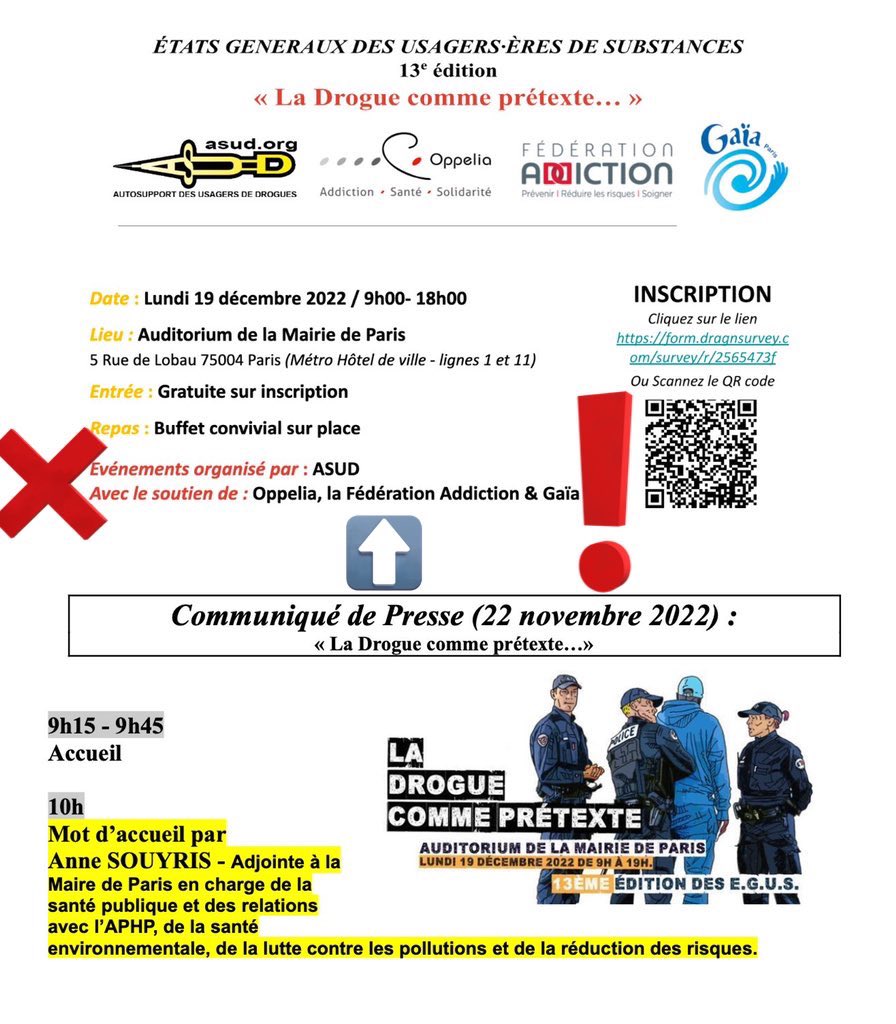 Madame <a href="/Elisabeth_Borne/">Élisabeth BORNE</a>, 
Messieurs <a href="/NunezLaurent/">Laurent Nuñez</a> , <a href="/EmmanuelMacron/">Emmanuel Macron</a> 

En n'interdisant pas ces Etats Généraux d'Asud, nous, Parisiens, considérerons que vous désavouez le Ministre de l'Intérieur <a href="/GDarmanin/">Gérald DARMANIN</a> ainsi que le rôle et l'action de repression de la Police. 
1/n