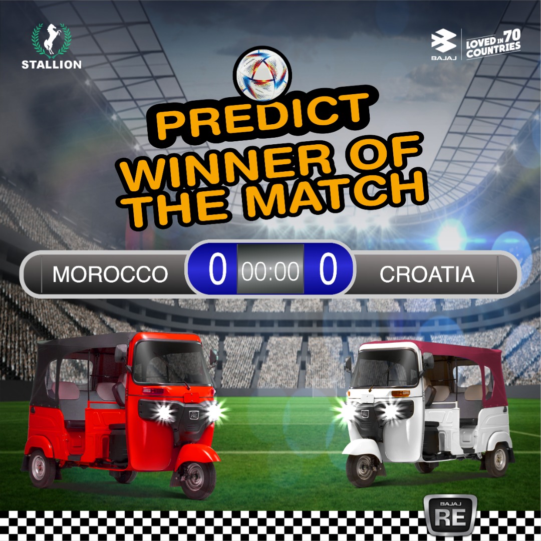 bajajkekeng's tweet photo. What will be the final score of the match⚽🛺?
Share your answer in the comment section below
#StallionBajaj #BajajKekeNigeria #StallionGroup #Bajaj #lovedin70countries #Morocco #Croatia #Qatar #WorldCup #WorldcupQatar2022 https://t.co/wkie5UI4AA