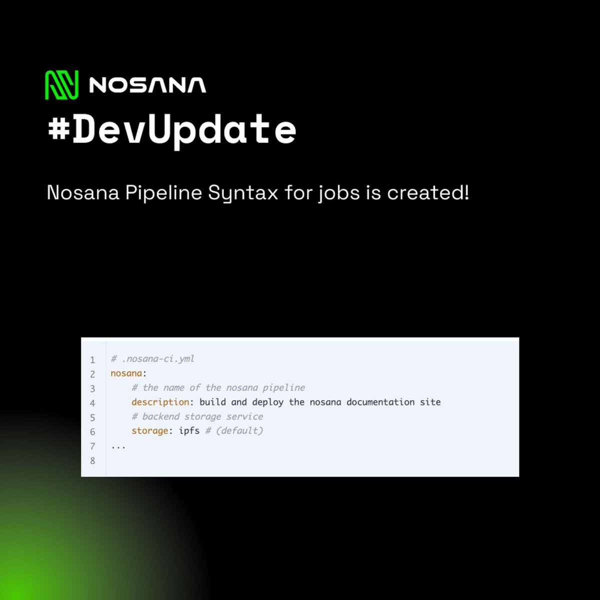 nosana_ai's tweet photo. Nosana Pipeline Syntax for jobs is created! Written in simple YAML format in your .nosana-ci.yml file. 

Find out more about creating your own dev pipelines -> https://t.co/fzAnGkSE5k

#CICD #devs #development #crowdcomputing #Devops #Solana https://t.co/HedVQLXxE2