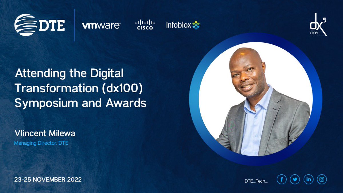 VincentMilewa's tweet photo. Join me  at the @dx5ve Symposium and Awards from 23rd to 25th November 2022

The best way to connect and deep dive into technology with @DTE_Tech_ 

Our Team members will be sharing their insights in various sessions and panels. https://t.co/bKCaSTO7Je
