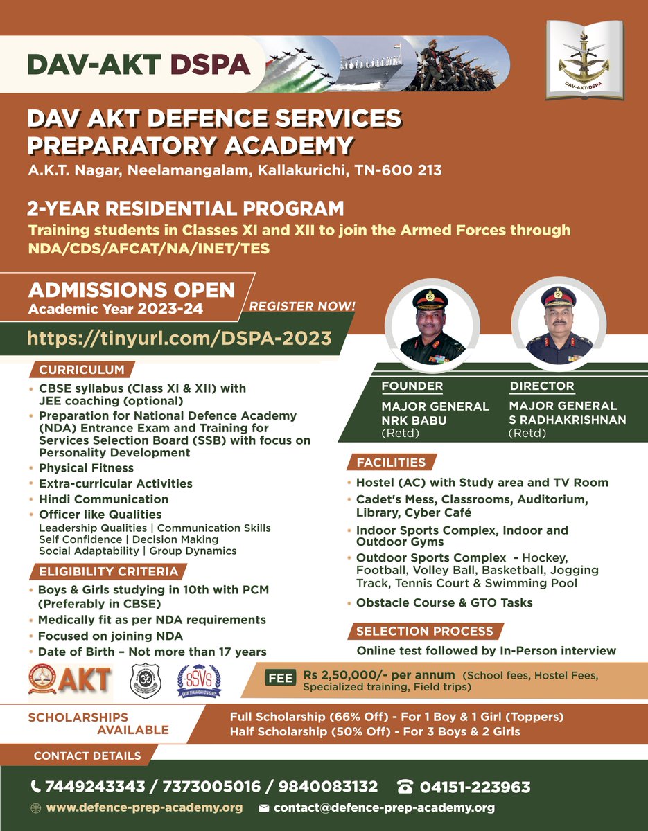 dav_vedritam's tweet photo. Respect, Honour, Pride and Adventure - The Armed Forces has it all! 
DAV-AKT Defence Services Preparatory Academy (DSPA) trains students in Classes XI and XII to join the Armed Forces.
Admissions open!
https://t.co/RDFQyBt0XL

#DAVChennai #DSPA #Patriotism #AKTGroupofInstitutions https://t.co/dIsVfL2ERl