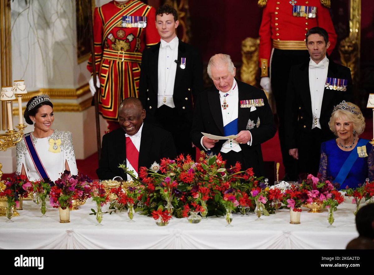 The Princess of Wales, President Cyril Ramaphosa of South Africa, King Charles III and the Queen Consort are pictured during the State Banquet held at Buckingham Palace. Engagements will continue today with the President returning home this evening. 📷@Alamy