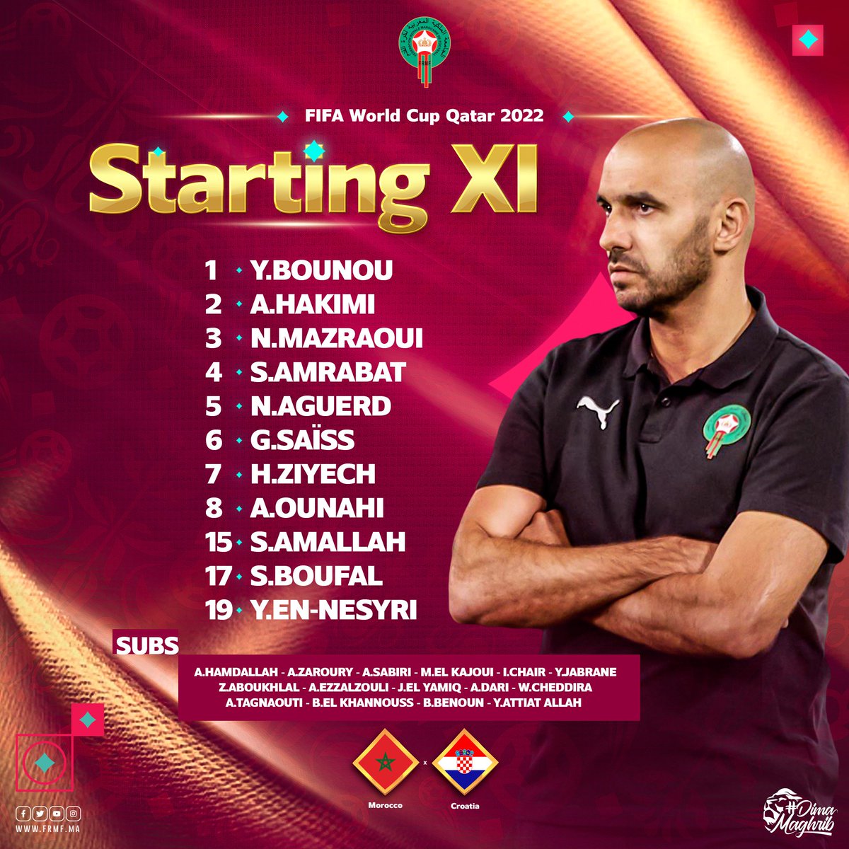 EnMaroc's tweet photo. التشكيلة الأساسية لأسود الأطلس أمام منتخب كرواتيا

🚨Starting XI : Atlas Lions that will be playing against Croatia

#DimaMaghrib 🇲🇦 #TeamMorocco #FIFAWorldCup https://t.co/61LZ5jbBXN
