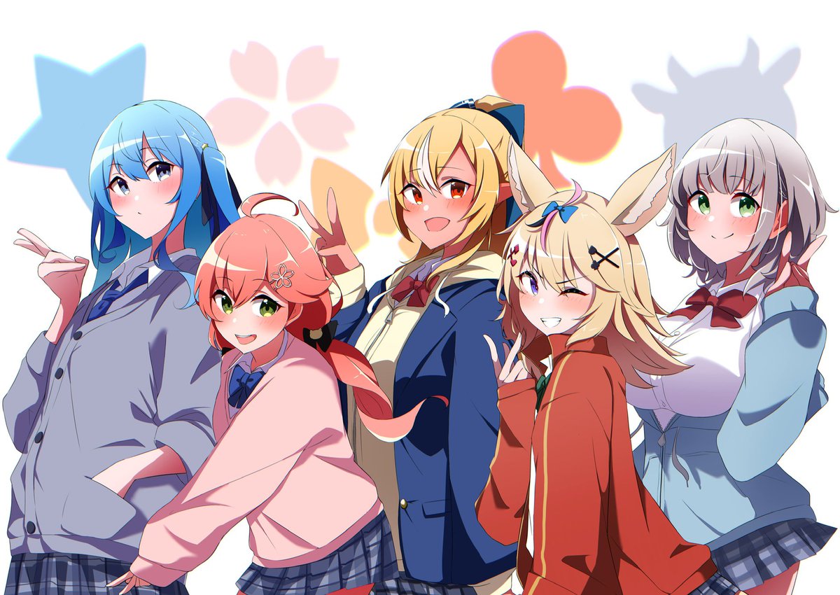 hoshimachi suisei ,omaru polka ,sakura miko ,shiranui flare ,shirogane noel multiple girls blonde hair green eyes pink hair bow grey hair 5girls  illustration images