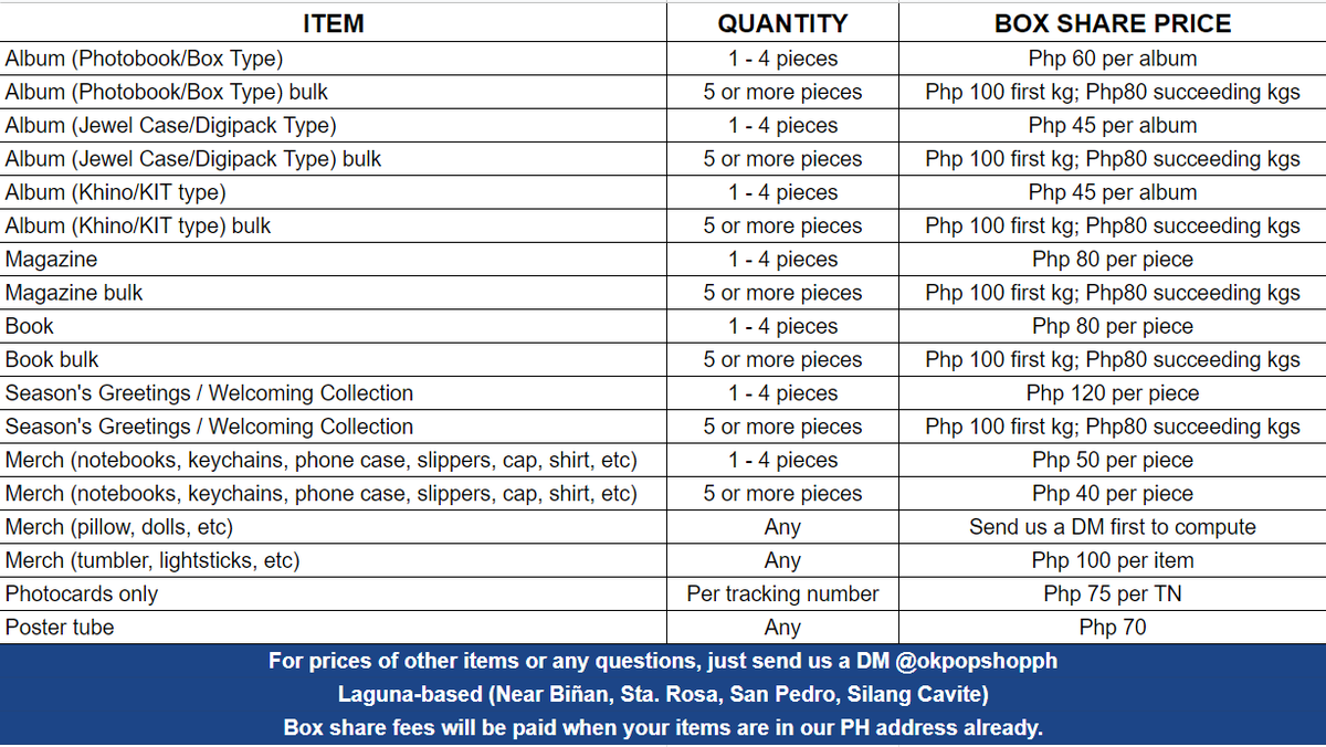 OPEN BOX 2
KOREAN ADDRESS BOX SHARING SERVICES 
#okpopshopph_boxshare

👉Laguna
👉Fees paid once in PH add
👉Affordable
👉ETA: Late Jan to early Feb
👉photo updates

Join bit.ly/joinkrbox-okpo…
Tracker bit.ly/krboxshareinfo…

DM us for questions😊

rental kr add box share