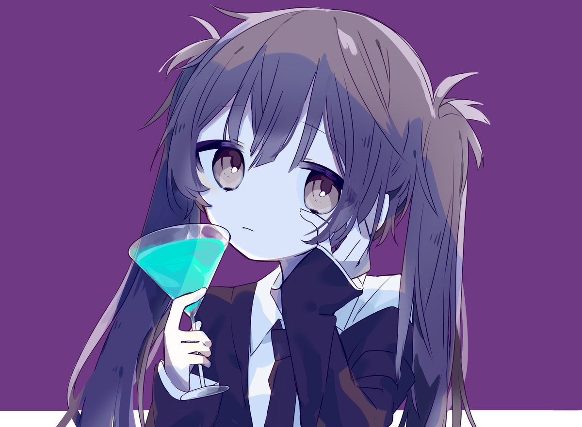 twintails solo 1girl drinking glass brown eyes cup necktie  illustration images