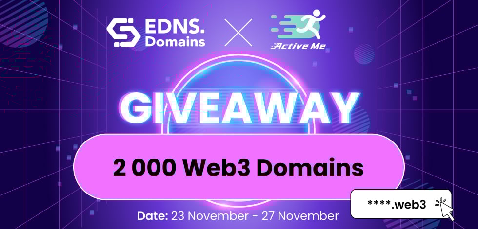 <a href="/ednsdomains/">EDNS Domains</a> x <a href="/ActiveMe_App/">ActiveMe</a> Giveaway

🎁 2 000 #Web3 #Domains (.web3)
📅 Nov 23 9 am UTC – Nov 27 9 am UTC
📍rb.gy/gqegmb

🐦 Follow on Twitter
💜 Like on Twitter
🔄 RT
👉 Join the Telegram group

✅ Complete the tasks for a chance to win!