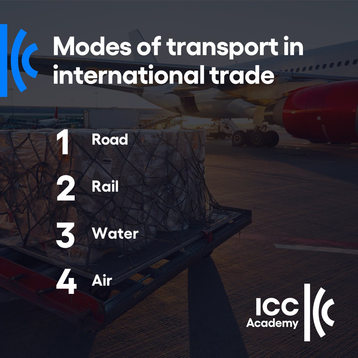 4 modes of transportation are used to move goods in international trade; vessel (water), motor freight (road), rail, and air.  The use of a specific mode is driven by the importance of a range of factors, all examined in our transport and logistics guide. icc.academy/transport-and-…