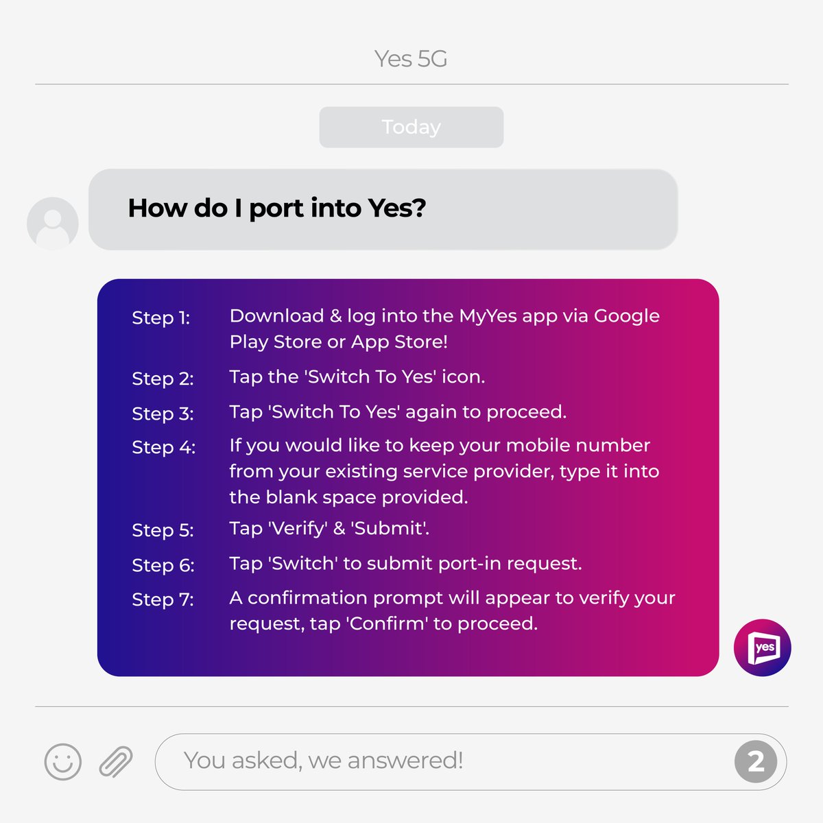 Yes_Telco's tweet photo. We hear you! Swipe to find out the solutions to some frequently asked questions about our Yes 5G plans! 

#SwitchToYes5G now with our Yes Infinite+ plan or our Yes Wireless Fibre 5G plan. Get it now: https://t.co/6tmz5QcKYW

#Yes5G #Yes5GForAll #yesft5g #FirstTo5G https://t.co/ITZkv8Ec7Y