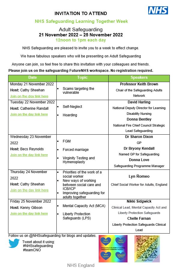 CathySheehan8's tweet photo. 📢Day 3 of #LTW hosted by @BecsReynoldsNHS introducing safeguarding colleagues to present on FGM, Forced marriage, virginity testing and hymenoplasty, today we look forward to hearing from Sharon, Bryony and Donna @NHSsafeguarding @SANNnhs @kennygibsonnhs https://t.co/yilfK4mtqR