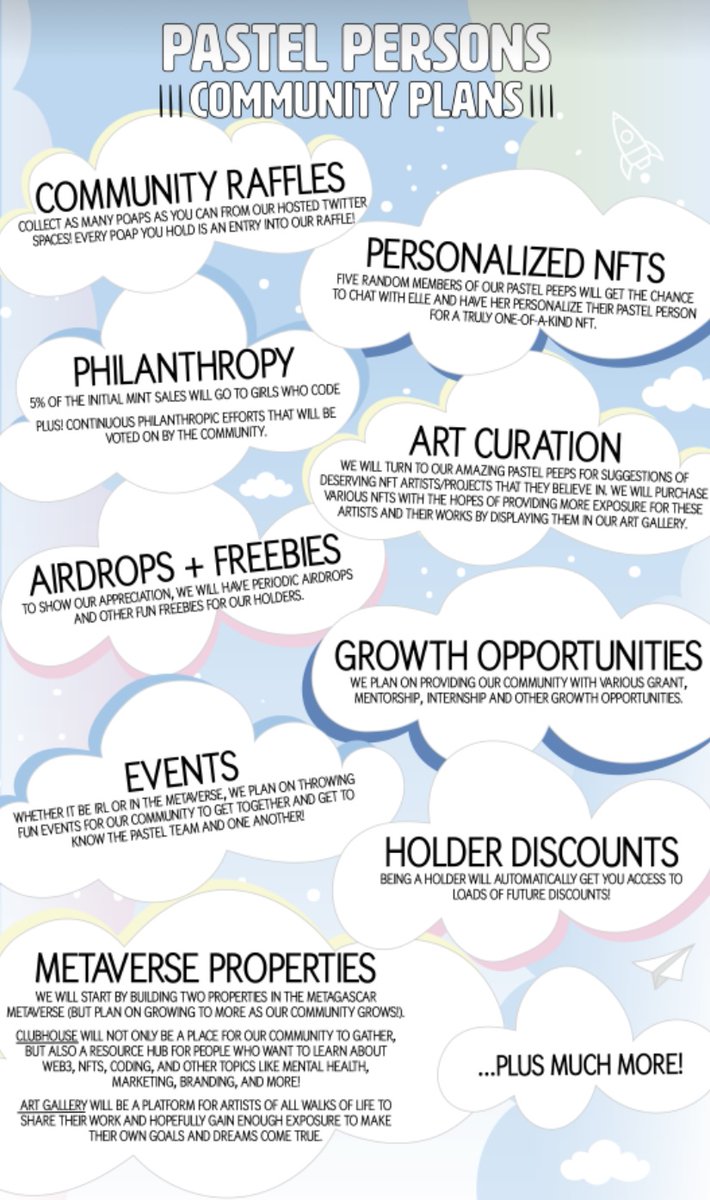 🤔 Want to know what our goals are with our brand Pastel Persons? 

Check out our community action plan and join discord to see everything! ⬇️

#NFTs #web3 #MetaverseNews