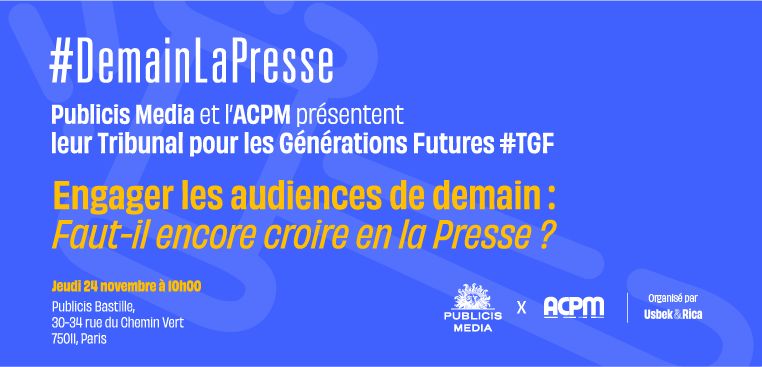 demainlapresse's tweet image. [J-1] 📢 SAVE THE DATE : #DemainLaPresse chez @PublicisMediaFr  ! 📅

Faut-il encore croire en la Presse ?

Ne manquez pas le Tribunal pour les Générations Futures #TGF le jeudi 24 novembre à partir de 10h 👩‍⚖️

👉Inscrivez-vous :  bit.ly/3Afn5Xh