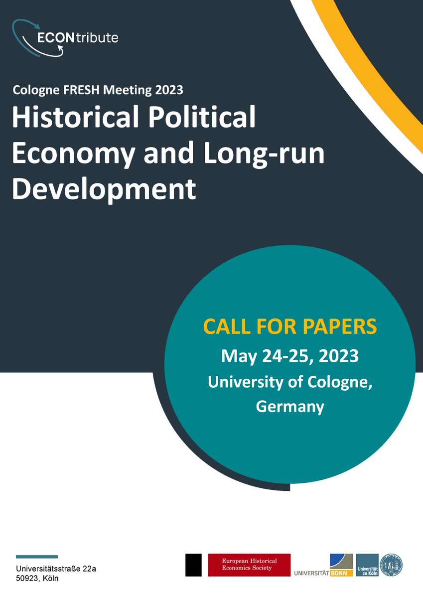 Attention early stage researchers in economic history! 
On May 24-25, 2023, we are hosting a #FRESH workshop at the University of Cologne!

“Historical political economy and long-run development”

Incl. a keynote lecture by @essobecker!
CfP below. Apply before February 10, 2023.
