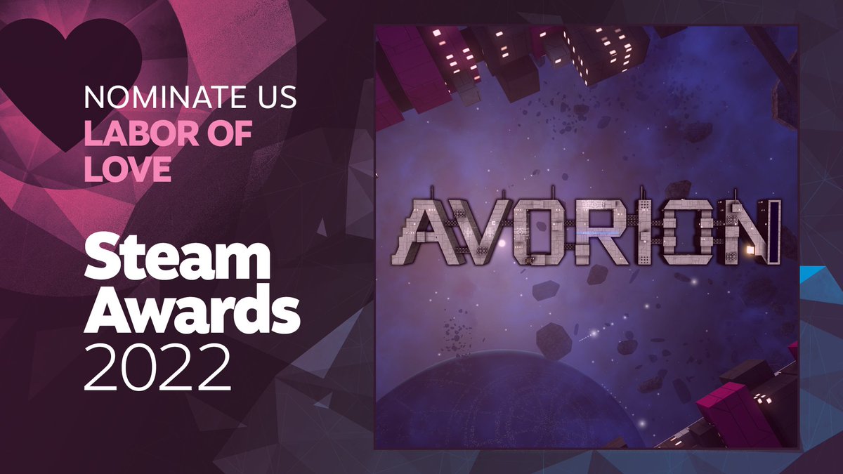 avorion's tweet photo. We're excited: You can nominate #Avorion for the #SteamAwards2022  in the category Labor of Love now! 🤩 So, if you've been following us on the adventure of Avorion or just enjoyed playing, please consider nominating us - you would make us very proud! 🥳 https://t.co/fFj5iZO364 https://t.co/3m1sf5ytpR