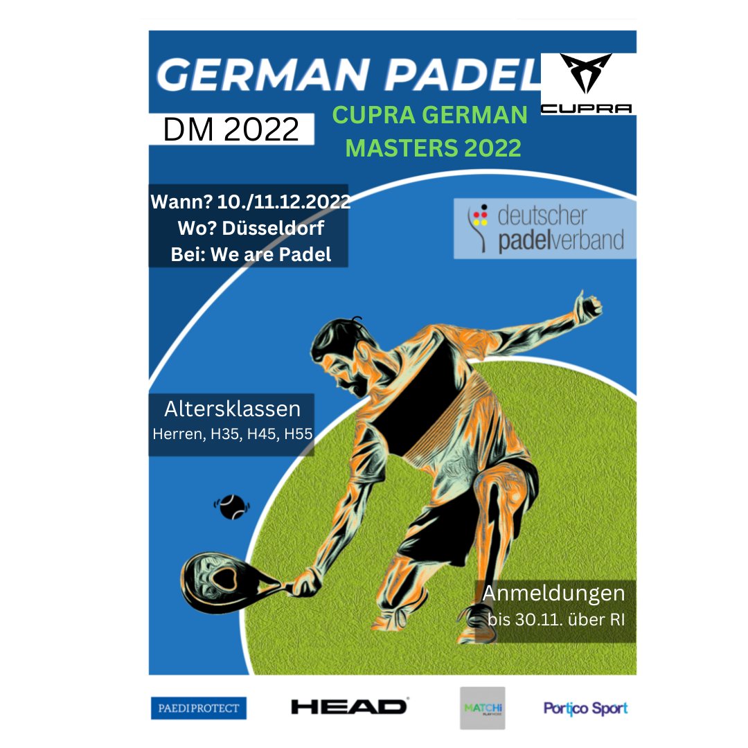 Beste #Padel-Spielerinnen und -Spieler Deutschlands gesucht: Jetzt anmelden für die #Cupra #GermanMasters 2022 in #Düsseldorf (#DeutscheMeisterschaft)!
#DPV #deutscherpadelverband #Padelmania #Padeladdict #Head #head_padel #portico #paediprotect #matchi #Padelfreunde #padelocean
