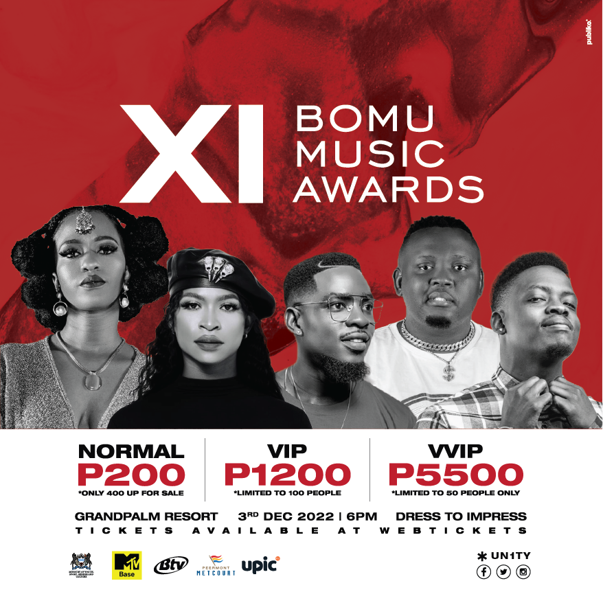TotalMusicBW's tweet photo. The BOMU Awards are bringing life to the
music industry. Come and celebrate our artists, and
commemorate their efforts for the year.
Party with the best!

Tickets are available at all Webtickets outlets
countrywide.
See you there.

#UnityInMusic #changingmusicBW
#BOMUAWARDS https://t.co/SsBsSZGsgP