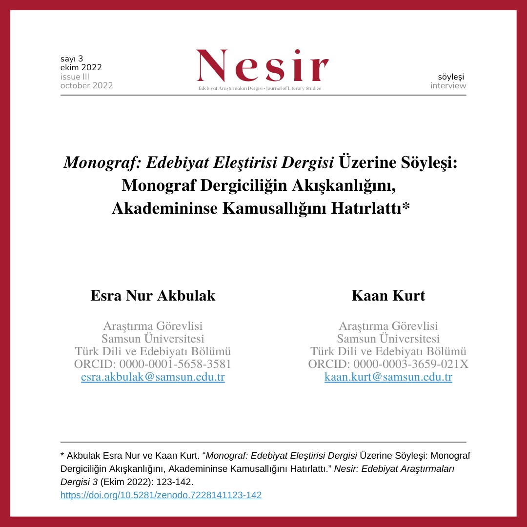 Üçüncü sayımızda ilk kez başlattığımız söyleşi bölümümüzde kısa bir süre önce yayım hayatına veda eden Monograf: Edebiyat Eleştirisi Dergisi üzerine genel yayın yönetmeni ve yayın kurulundan isimlerle yapılan bir söyleşimiz yer alıyor.