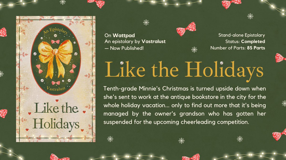 vastralustwp's tweet photo. #LTHwp π
β now published!
β a completed epistolary from the vault
HELLO, NEW EPIS! antique bookstores. christmas. a teen holiday love. π°
YES, COMPLETED!! π₯Ήπ€ very light lang. 85 parts. a short epistolary i finished offline! π«Άπ»
π§£| read it on my profile! https://t.co/MtHSiziJcC