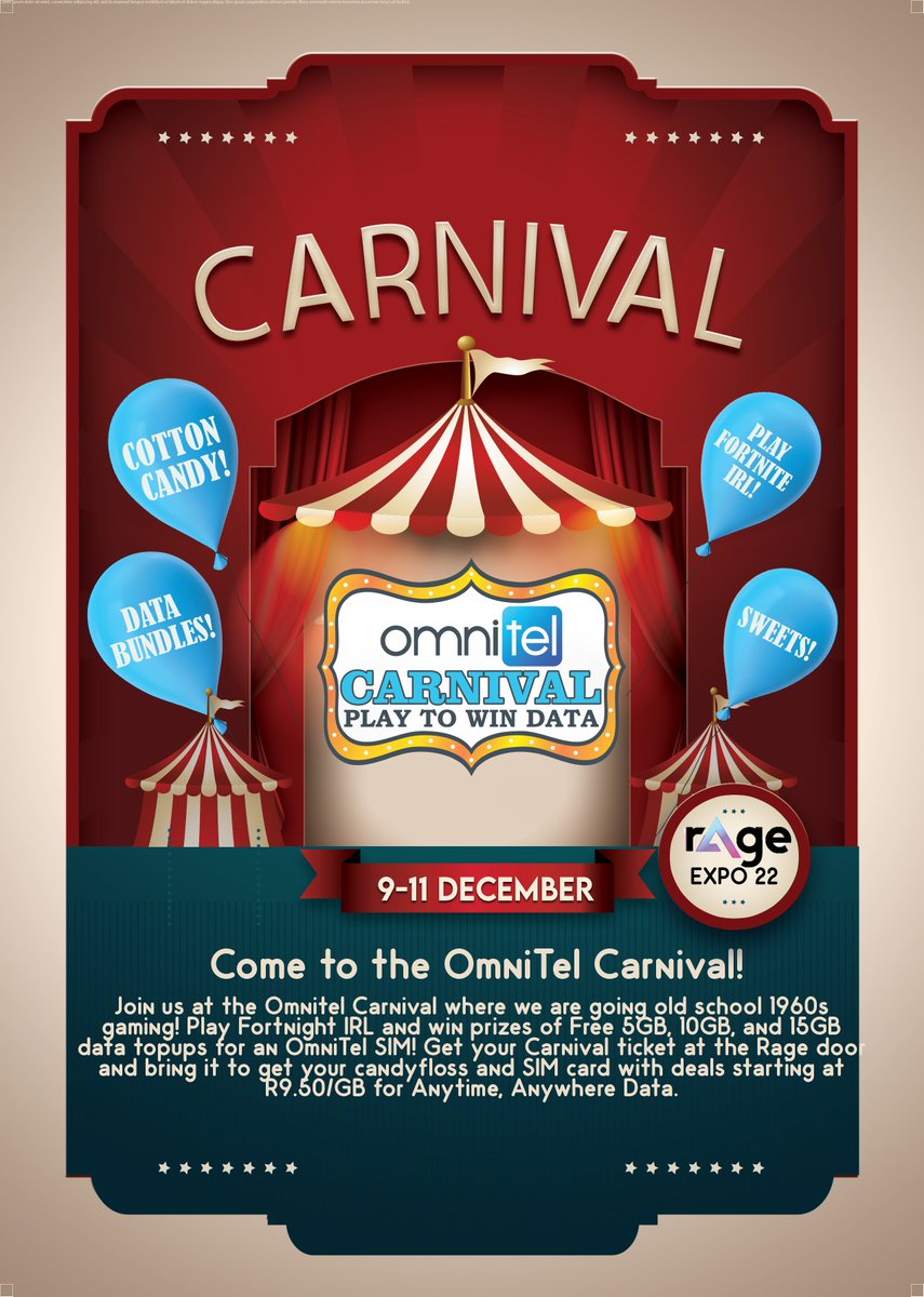 We will be at Rage expo 2022! Join us at the Omnitel Carnival where we are going old school 1960s gaming! Play Fortnight IRL and win prizes of Free 5GB, 10GB, and 15GB data topups for an OmniTel SIM! 
VISIT OUR WEBSITE : omnitel.co.za
#Rageexpo #OmniTel #Carnival #data