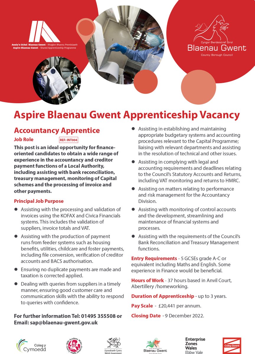 Aspire Blaenau Gwent Apprentice Vacancy – Accountancy Apprentice.
For further information telephone: 01495 355508. To apply please email your CV to: sap@blaenau-gwent.gov.uk