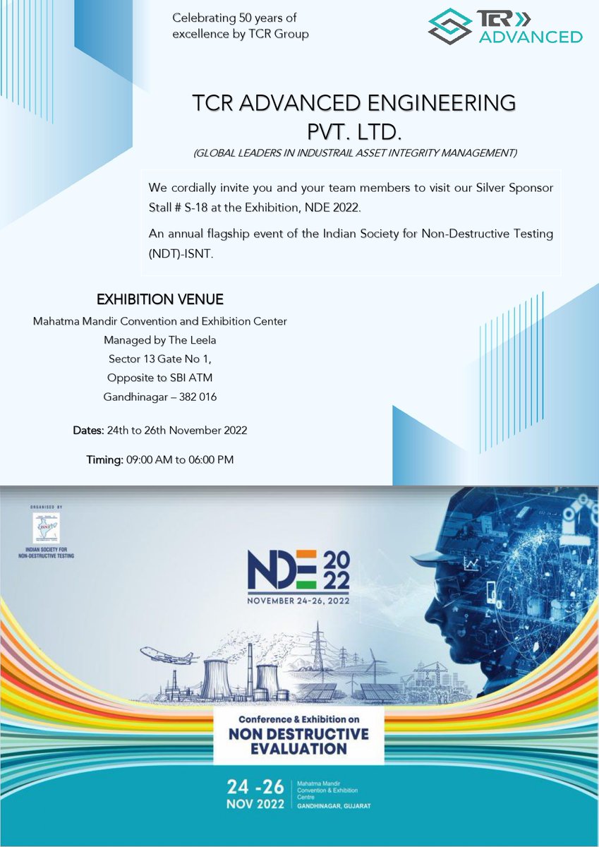 TCRadv's tweet photo. TCR Advanced Engineering invite you to visit NDE 2022
­
Stall No. S-18, Mahatma Mandir Convention and Exhibition Centre, Sector 13, Gandhinagar.

#engineering #tcradvance #mechanical #insitu #tcradvanced #ndtinspection https://t.co/38w7Fvhhiu