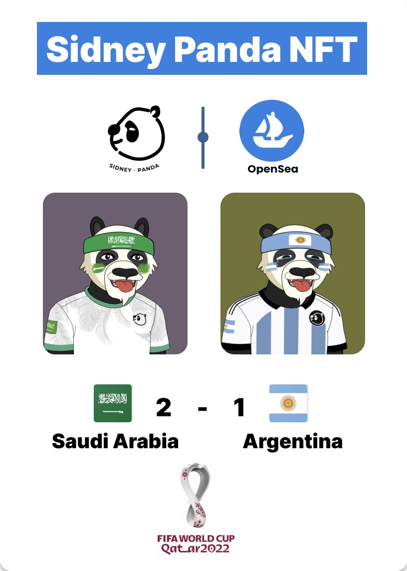 sidney_panda's tweet photo. World Cup 2022: Argentina 1-2 Saudi Arabia: Salem Al-Dawsari scores winner as Lionel Messi penalty is cancelled out by famous second-half comeback
@TeamMessi @FIFAcom 

#sidney_panda #NFT #opensea https://t.co/RCgzFwYH7W