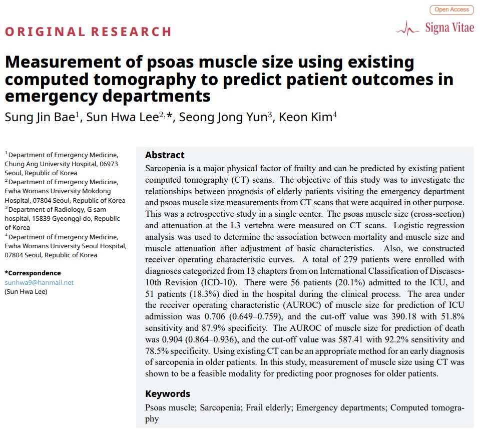 MRE_signavitae's tweet photo. 【Article Title】“Measurement of psoas muscle size using existing computed tomography to predict patient outcomes in emergency departments ”
【Click】https://t.co/f8owtEKLMR
#Psoasmuscle; #Sarcopenia;#Frailelderly;#Emergencydepartments;#Computedtomography; https://t.co/1AZbyTUw6C