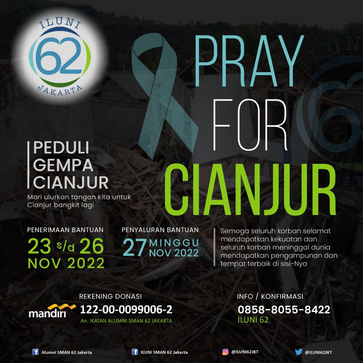 ILUNI62JKT's tweet photo. [Salam ILUNI 62]

#PrayForCianjur Mari ukurkan tangan kita untuk cianjur bangkit lagi #ILUNI62 #sharingiscaring https://t.co/667O4wZunk