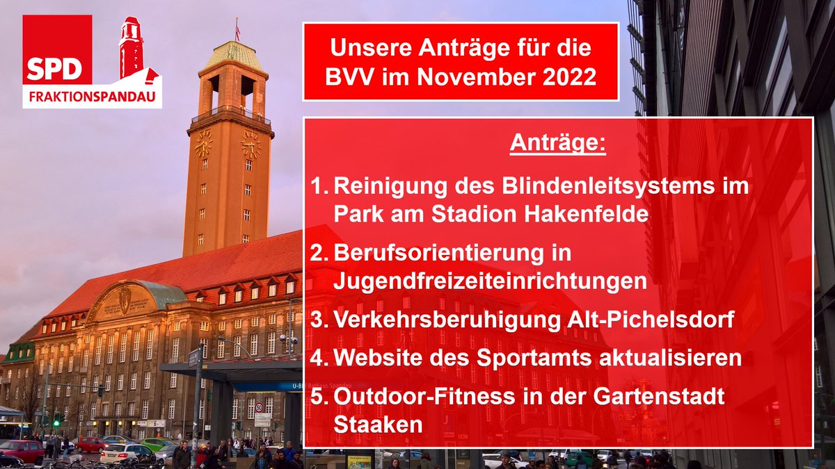 Unsere Anfragen und Anträge für die heutige BVV-Sitzung ab 17:00 Uhr im Rathaus Spandau.
Die kompletten Anfragen- und Antragstexte finden Sie auf unserer Website unter folgendem Link: 
spd-fraktion-spandau.de/november-2022/
#ansprechbar #gutfürspandau #bvv #spandau #BVVspandau