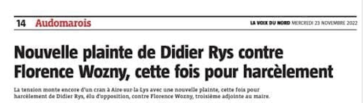 AireNouvelle1's tweet photo. DEPOT DE PLAINTE (SUITE).
Ce 23/11/22, #VDNSaintOmer revient sur le dépôt d'une 2° plainte, de la part de #DidierRys à l'encontre de F.Wozny, cette fois-ci pour harcèlement, suite à ses agissements répétés,  afin de dénoncer le climat "pesant" qui touche sa famille, et lui-même. https://t.co/fPnndEdU8L