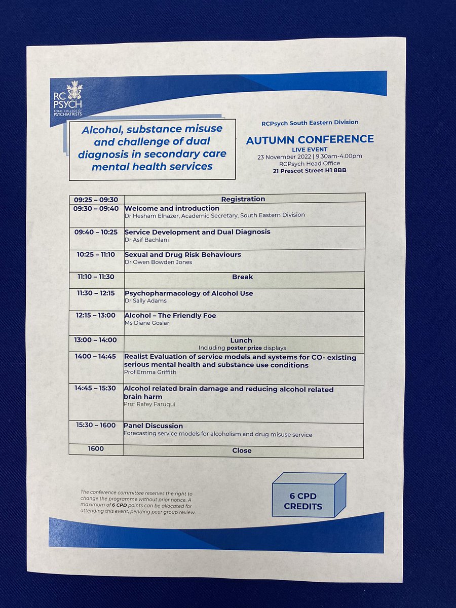 OwenBowdenJones's tweet photo. Great programme this morning at the @rcpsychSE Division autumn conference. Focus is on #comorbidity #alcohol #drugs #chemsex #servicemodels #psychopharmacology #cognitive #impairment and more! @rcpsych @SSA_Addiction @rcpsychAddFac https://t.co/p4HBXPHM4A