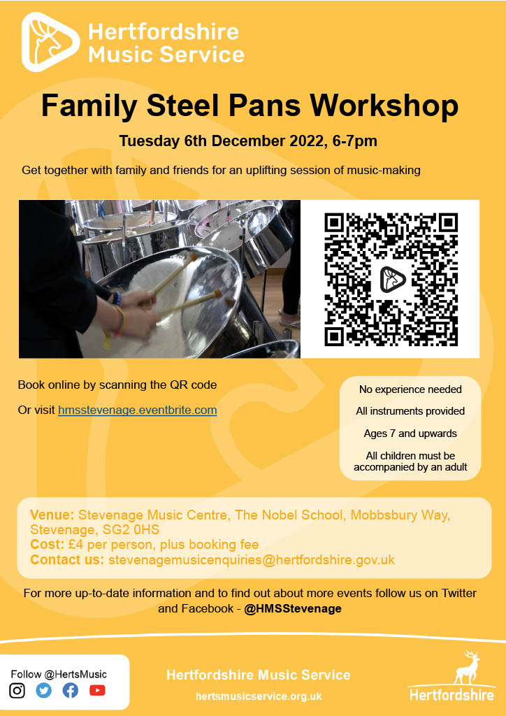 Our super popular Family Music Workshops are BACK! 
Join us on Tuesday 6th December for a Family Steel Pans Workshop, 6-7pm, Stevenage Music Centre
£4 per person + booking fee - visit hmsstevenage.eventbrite.com to book your place! @HMSNorthHerts <a href="/HMSRoyston/">Royston Music School</a> @HMSBaldock @hertsmusic
