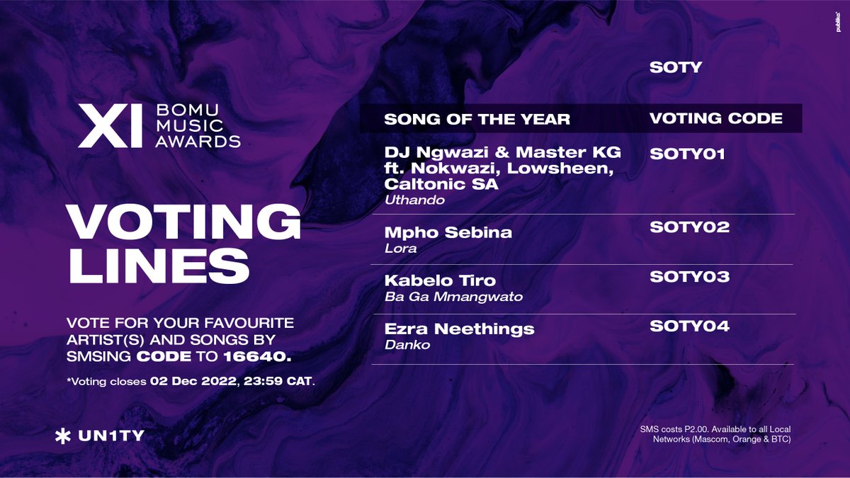 TotalMusicBW's tweet image. Voting Lines are now open!
For Album of The Year &amp;amp; Best Female Artist, Best Group/Combo/Duo or Cassette, Best
Male Artist &amp;amp; Best Newcomer, and Song of The Year
Simply SMS the CODE to 16640
Voting closes 02 December 2022, 23:59 CAT.
#UnityInMusic #changingmusicBW #botswanamusic