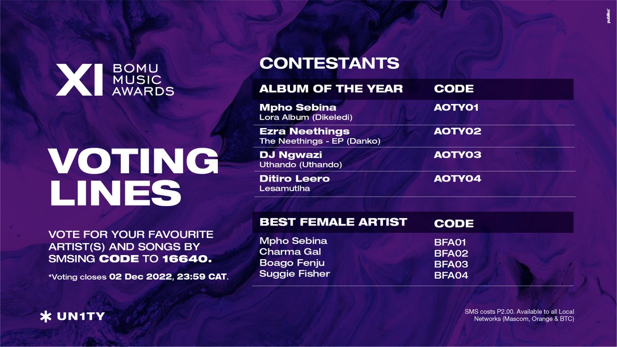 TotalMusicBW's tweet image. Voting Lines are now open!
For Album of The Year &amp;amp; Best Female Artist, Best Group/Combo/Duo or Cassette, Best
Male Artist &amp;amp; Best Newcomer, and Song of The Year
Simply SMS the CODE to 16640
Voting closes 02 December 2022, 23:59 CAT.
#UnityInMusic #changingmusicBW #botswanamusic
