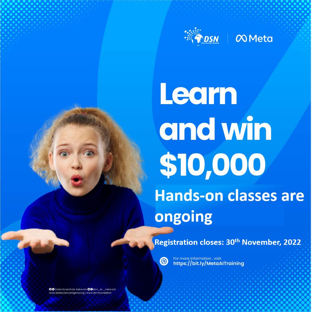 Less than 30 minutes to go!

Classes continue today. 

Join us as we delve into the world of Geospatial Data Science with our FREE 3-week hands-on training &amp; an opportunity to win as much as $10,000.

Time: 11:00am (GMT+1)

You can still register: bit.ly/meta_healthdata.